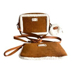 Bearpaw Faux Suede Sherpa Crossbody Bag Wristlet Coin Pouch Set Brown Cream